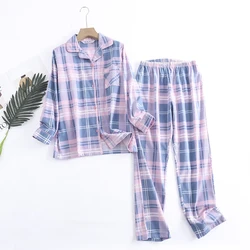 Pijama feminino de algodão estampado flanela, manga comprida, calça solta, roupa de casa, outono, inverno