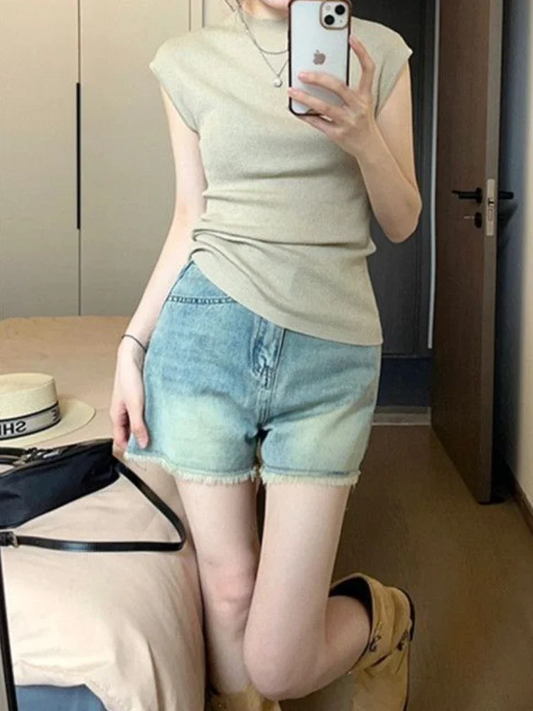 Pantalones cortos vaqueros Vintage para mujer, moda rasgada, cintura alta, novedad de verano, ropa de calle femenina recta, estilo coreano, elegante, lavada Ins