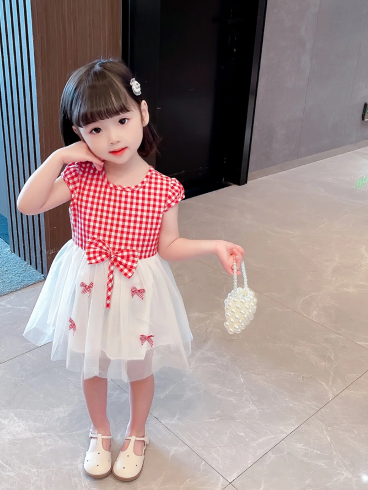 Faionable Summer Thin Plaid Dr for Girls Baby Princ Sle Long Sve round Ne Midi Skirt Korean Version Clothing