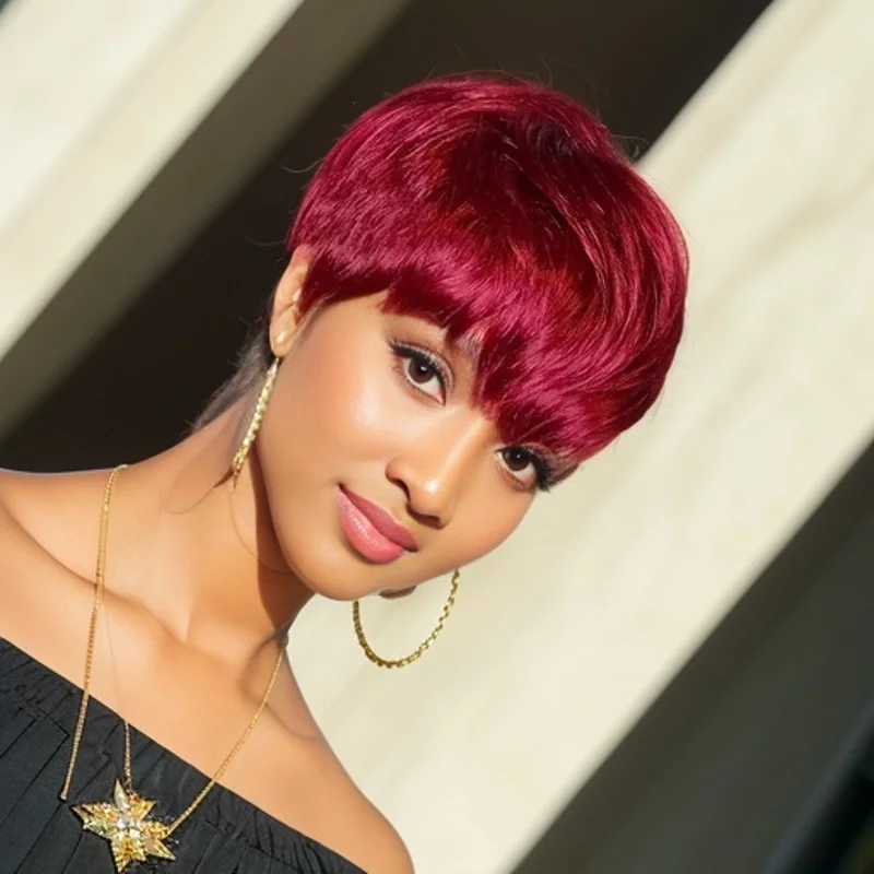 앞머리가 있는 세련된 픽시 가발 전체 기계 제작 브라질 스트레이트 인모