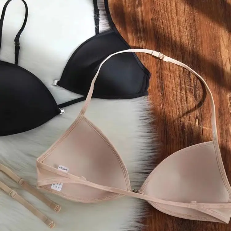 UBAU Hanging Neck Triangle Cup Underwear Female Thin Shoulder Strap Beautiful Back Invisible Front Button Bra Thin Small Chest