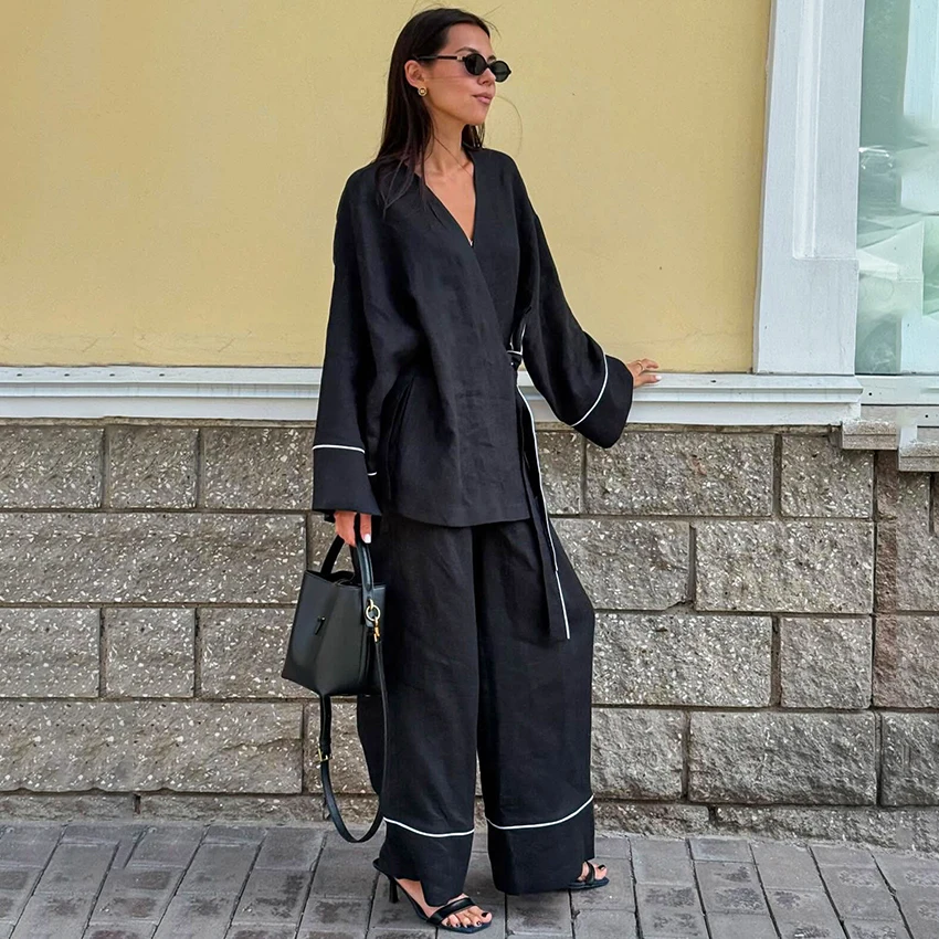 

Linad Vintage Black Loose Long Pants Sets 2025 Autumn Casual Long Sleeve Wrap Blouse And Wide Leg Pants 2 Piece Set Fashion Suit