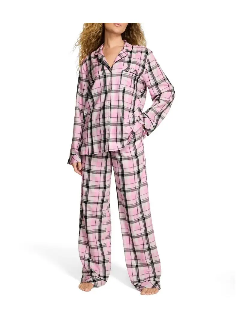 

Women's Plaid Pajamas Set Long Sleeve Lapel Top And Trousers 2 Piece Sleepwear Autumn Casual Button Loungewear