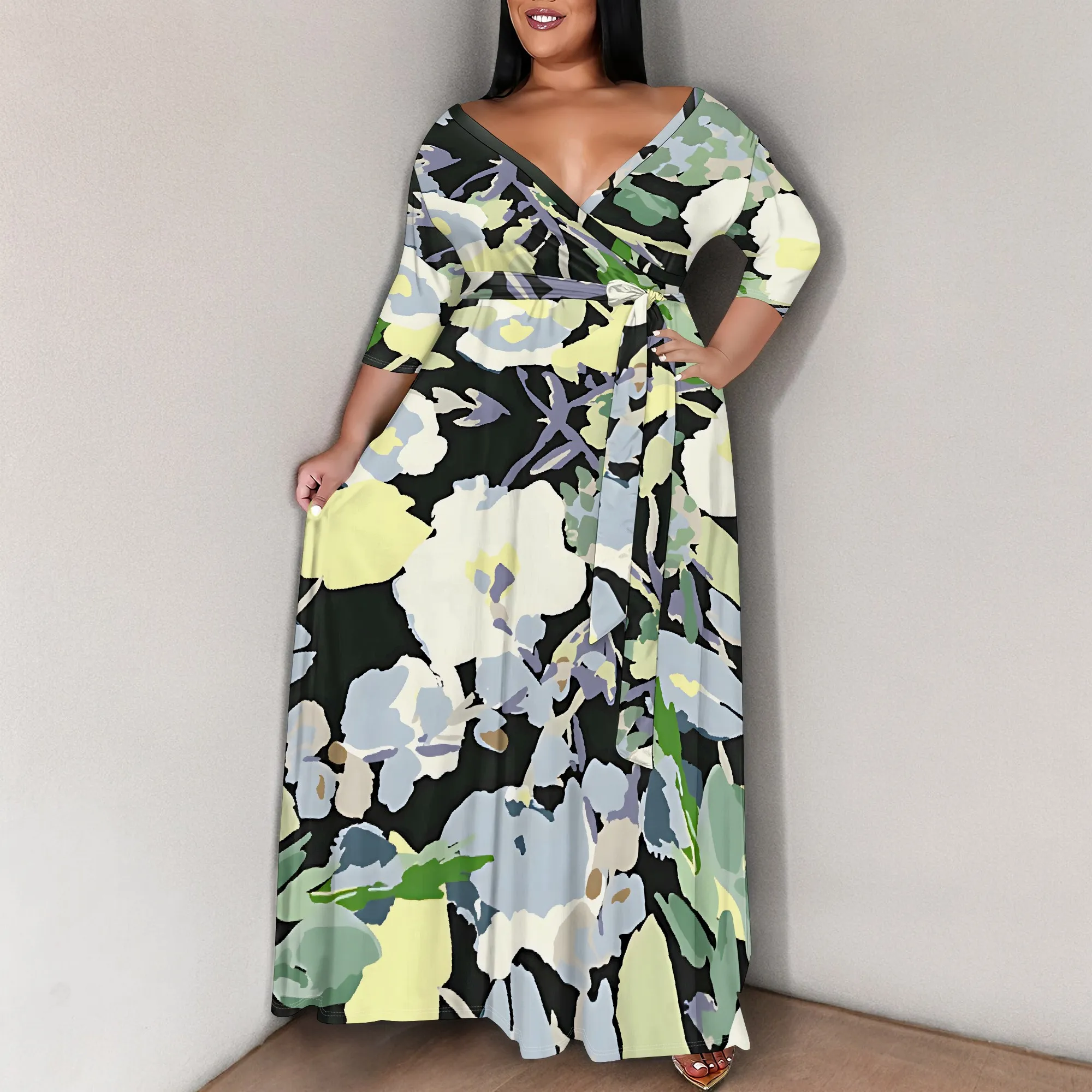 Plus Size Women's Summer Fashion Printed 3/4 Sleeve Maxi Dress for Women Short Sleeve Long Loose Casual Dresses With Pocket