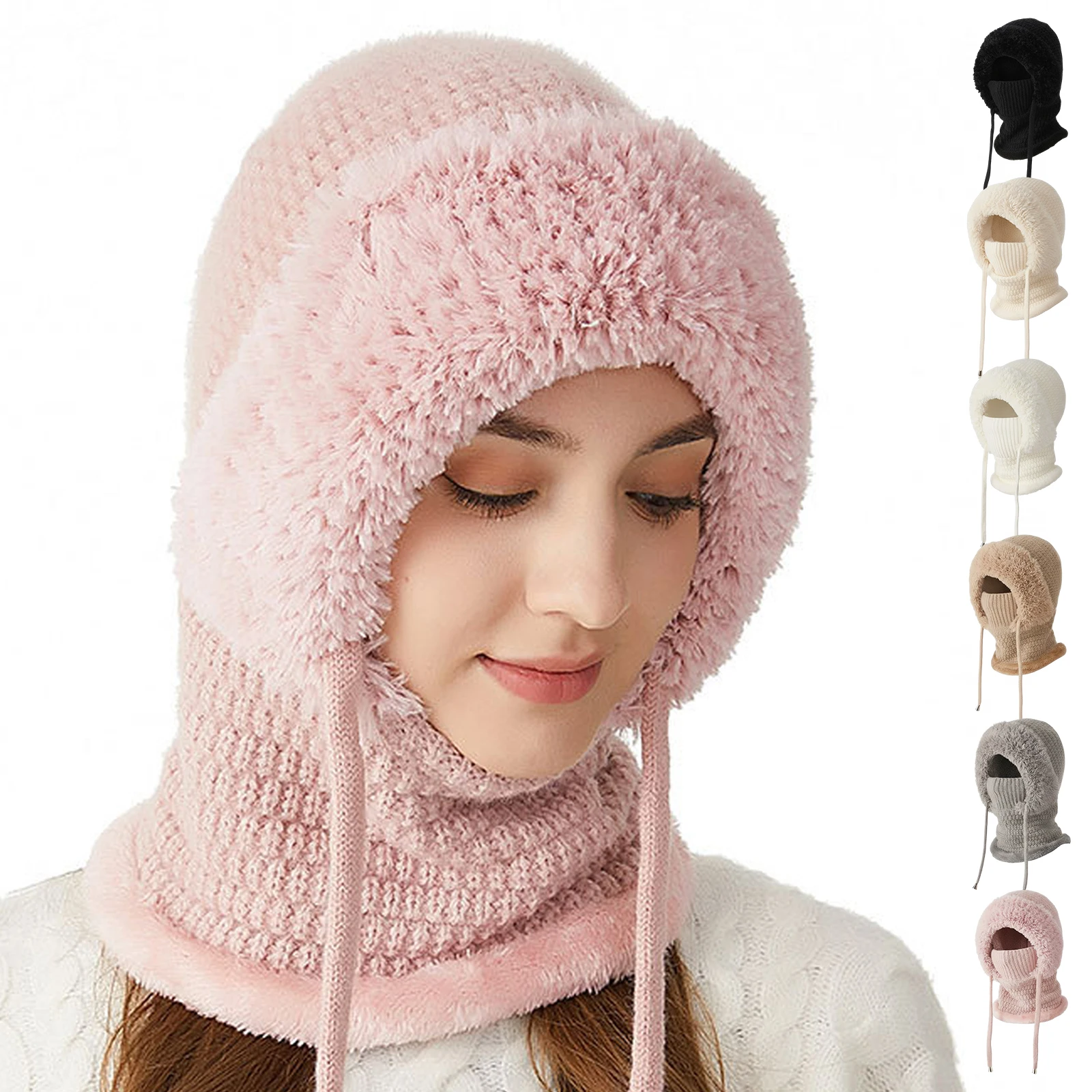 

Women 3 in 1 Windproof Beanie Hat with Scarf and Mask Hooded One Piece Snow Cap Fleece Lined Knit Hat Set