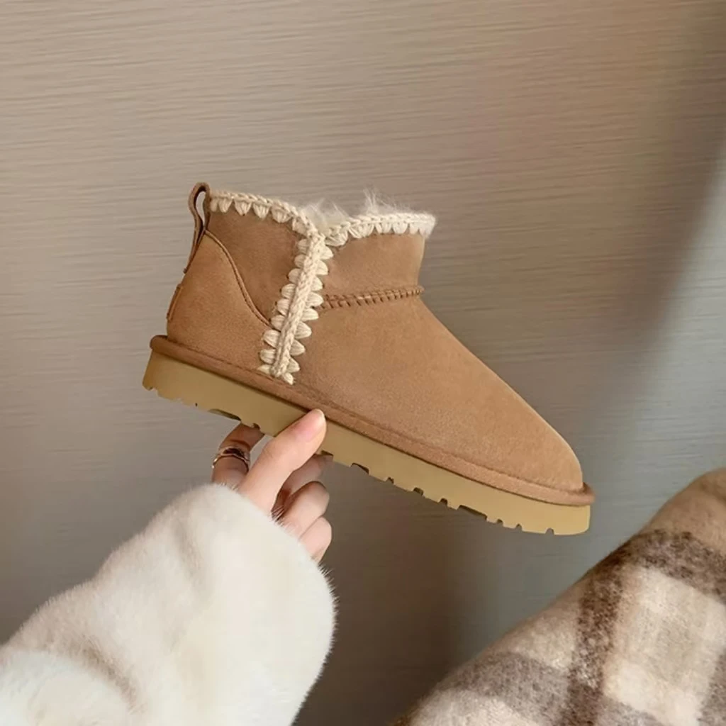 

Winter Antelope Brown Cow Suede Women's Snow Boots Round Toe Warm Cotton Shoes Thick Bottom Heels 5cm Ladies Short Plush Boots