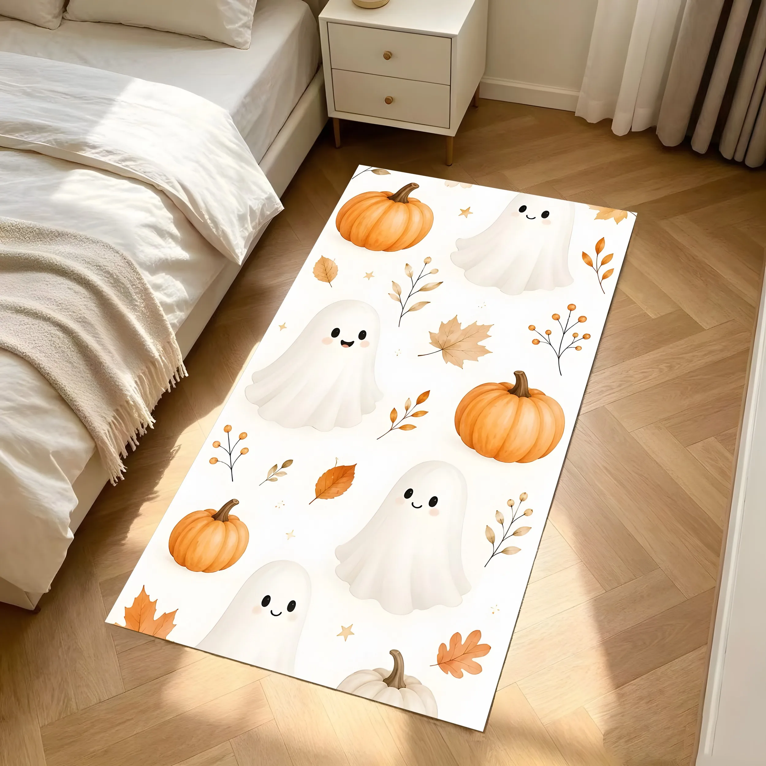 2D Large Rug Cute Ghost Pumpkin Autumn Leaf Prints Soothing Watercolor Style Soft Fresh Creating Warm Lovely Halloween Atmosphere
