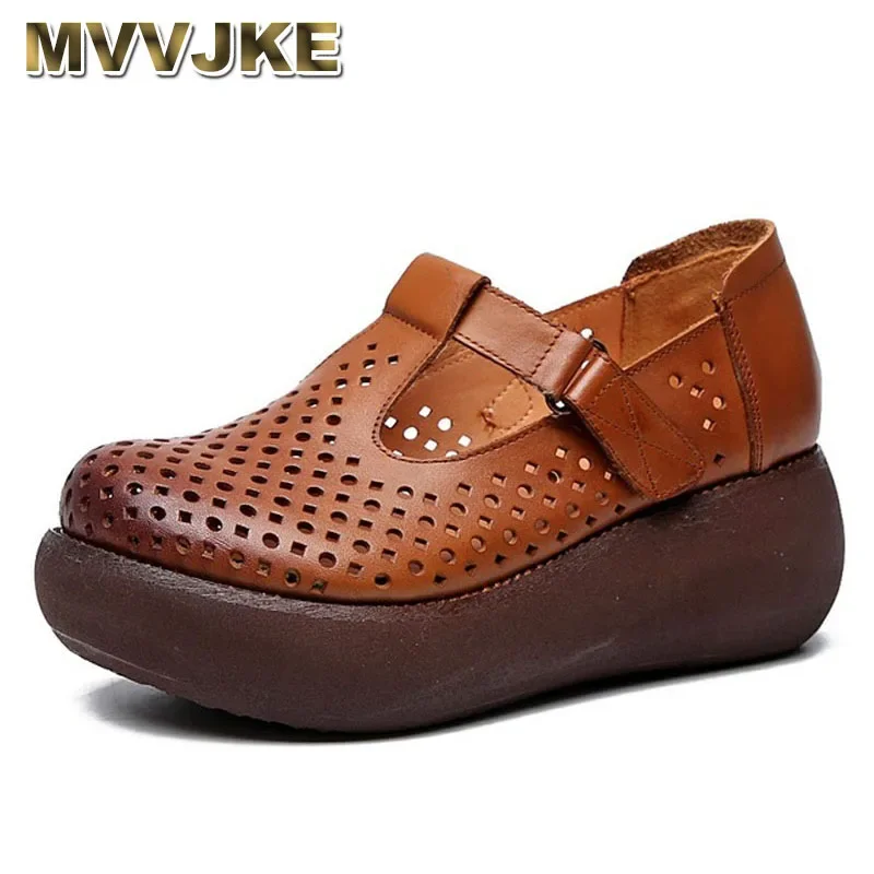 MVVJKE handmade genuine leather shoes for women casual shoes spring British wind wild thick bottom solid hollow Zapatillas Mujer