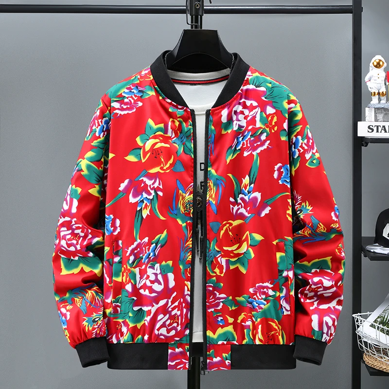 

Весенне-осенний мужской бейсбольный воротник Jaet с большим цветочным принтом, модная молодежная верхняя одежда, защита от морщин, длинная молния Clo...