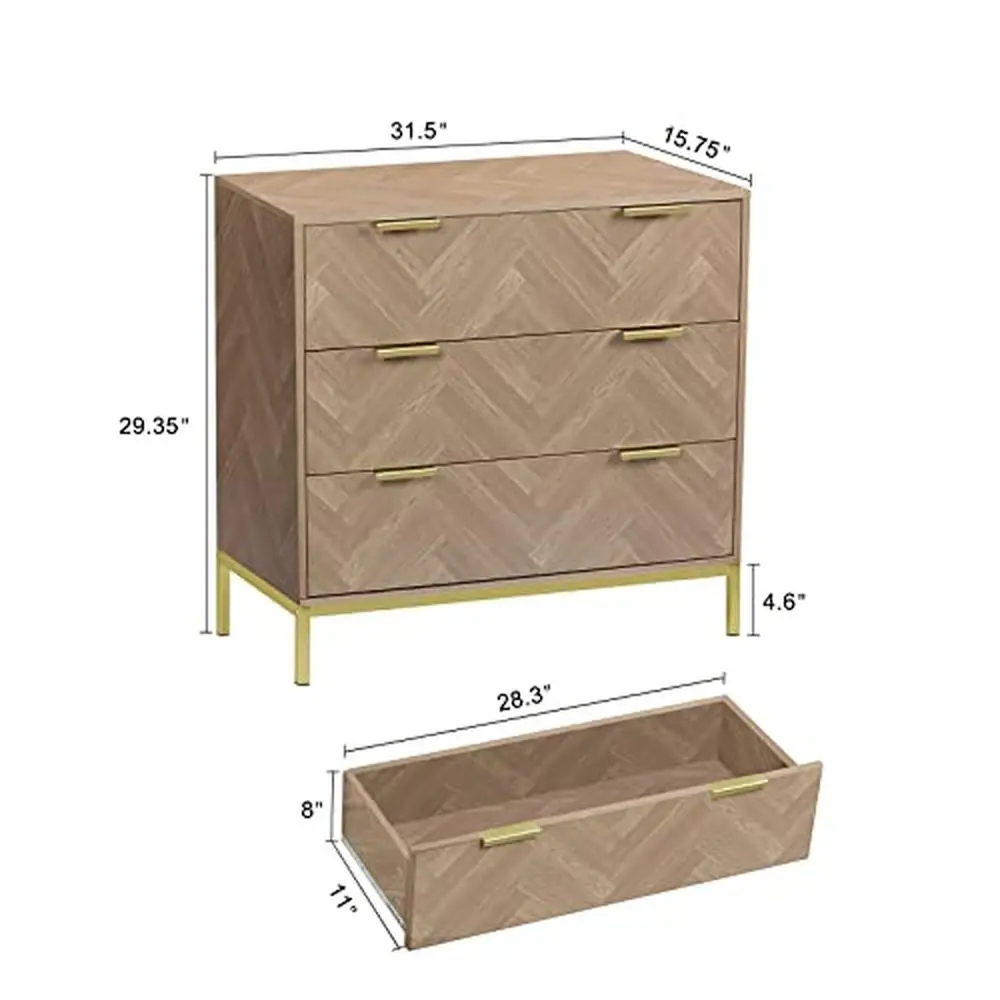 3 Drawer Chest Dresser Mid Century Natural Oak Bedroom Organizer Gold Metal Legs Organizer Wide Top Compact Storage Solution