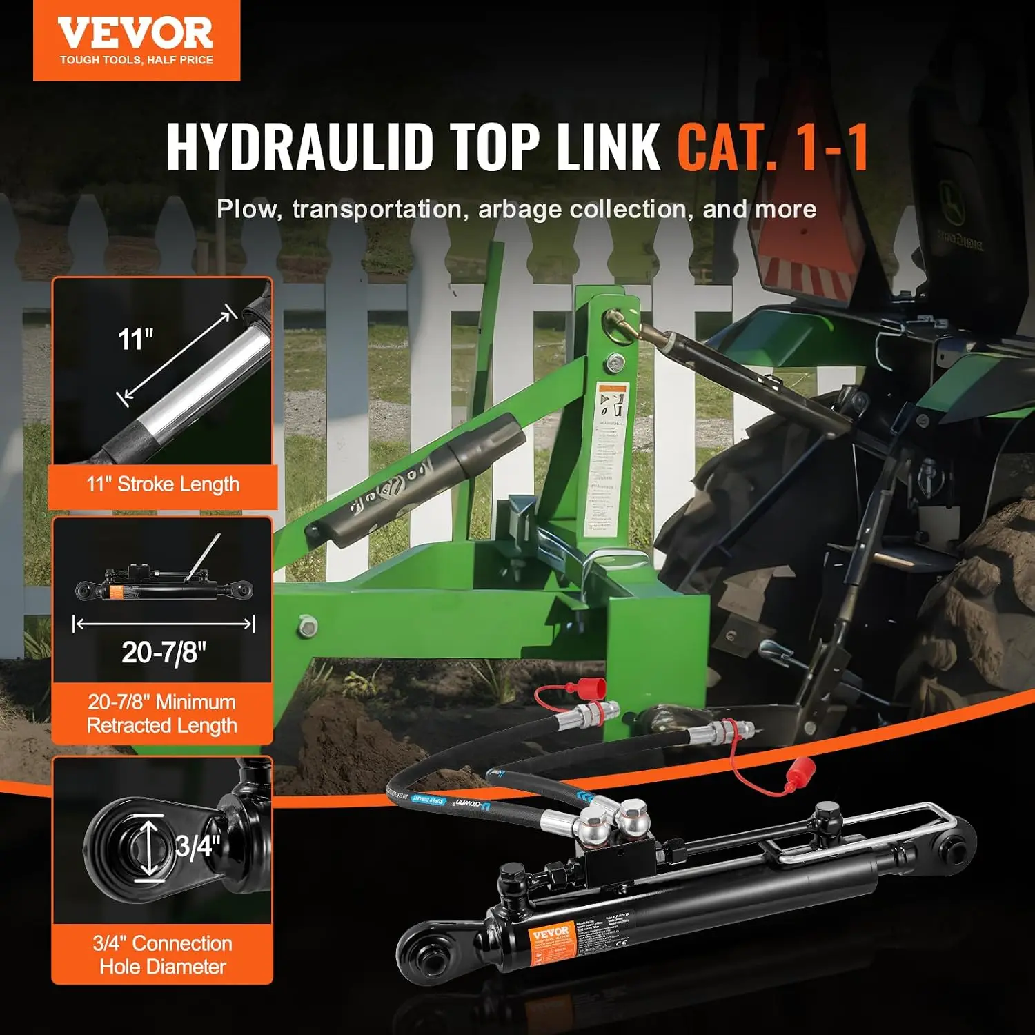 Hydraulic Top Link Cat.1-1 (11 in, 20-7/8~31-7/8 in), Hydraulic Cylinder with 2 Hoses & G3/8