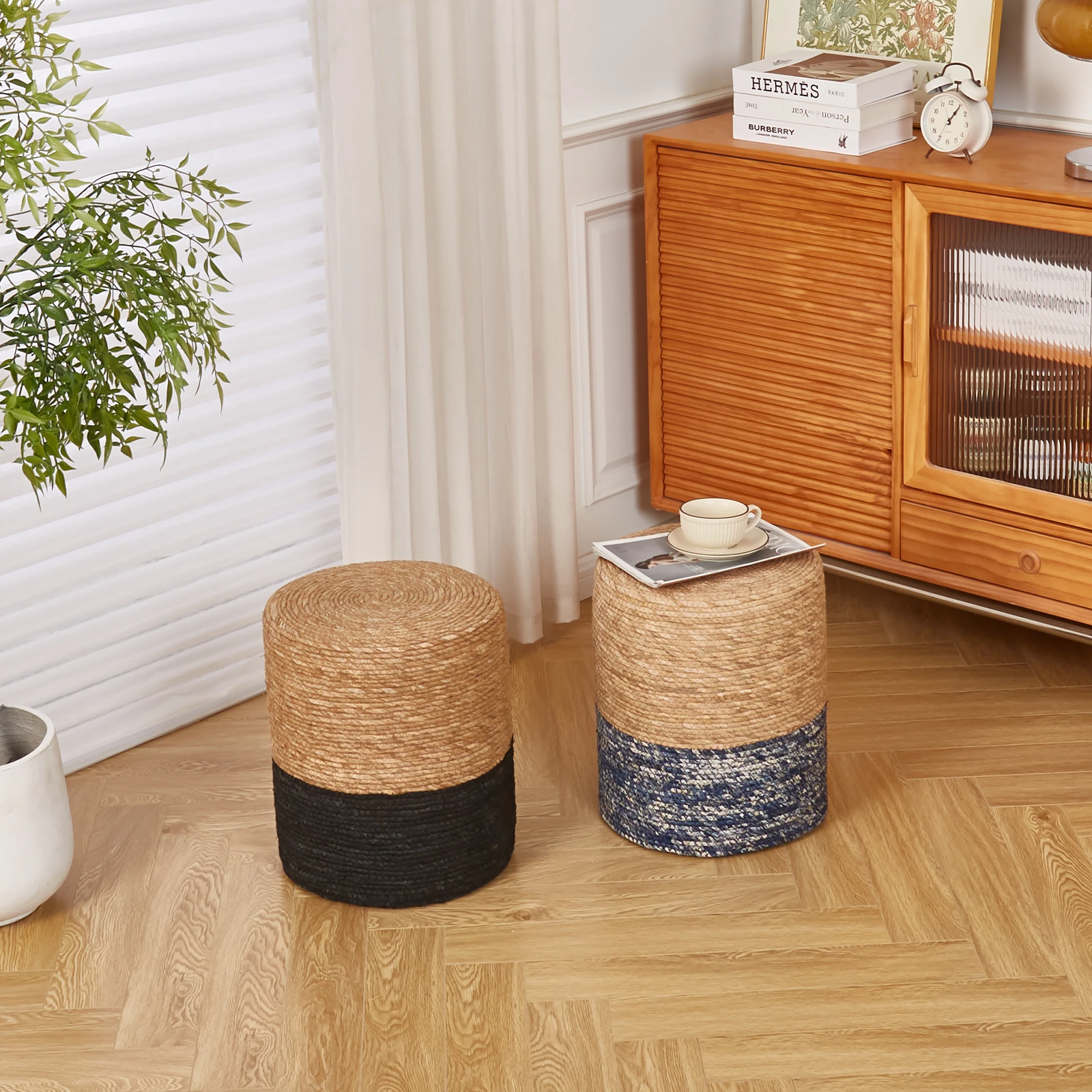 Ottoman Poof, Natural Seagrass Poufs, Hand Weave Round Footstool, Pouffe Accent Chair, Sitting Braided Footrest W/Jute Cover