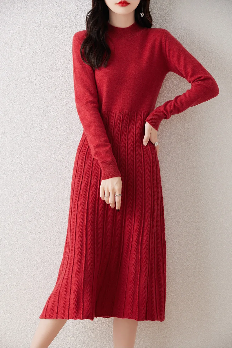 Round Neck Long Sweater Dress for Women, 100% Merino Wool Traf, Long Dress with Cable Flower, Autumn and Winter Clothing, New