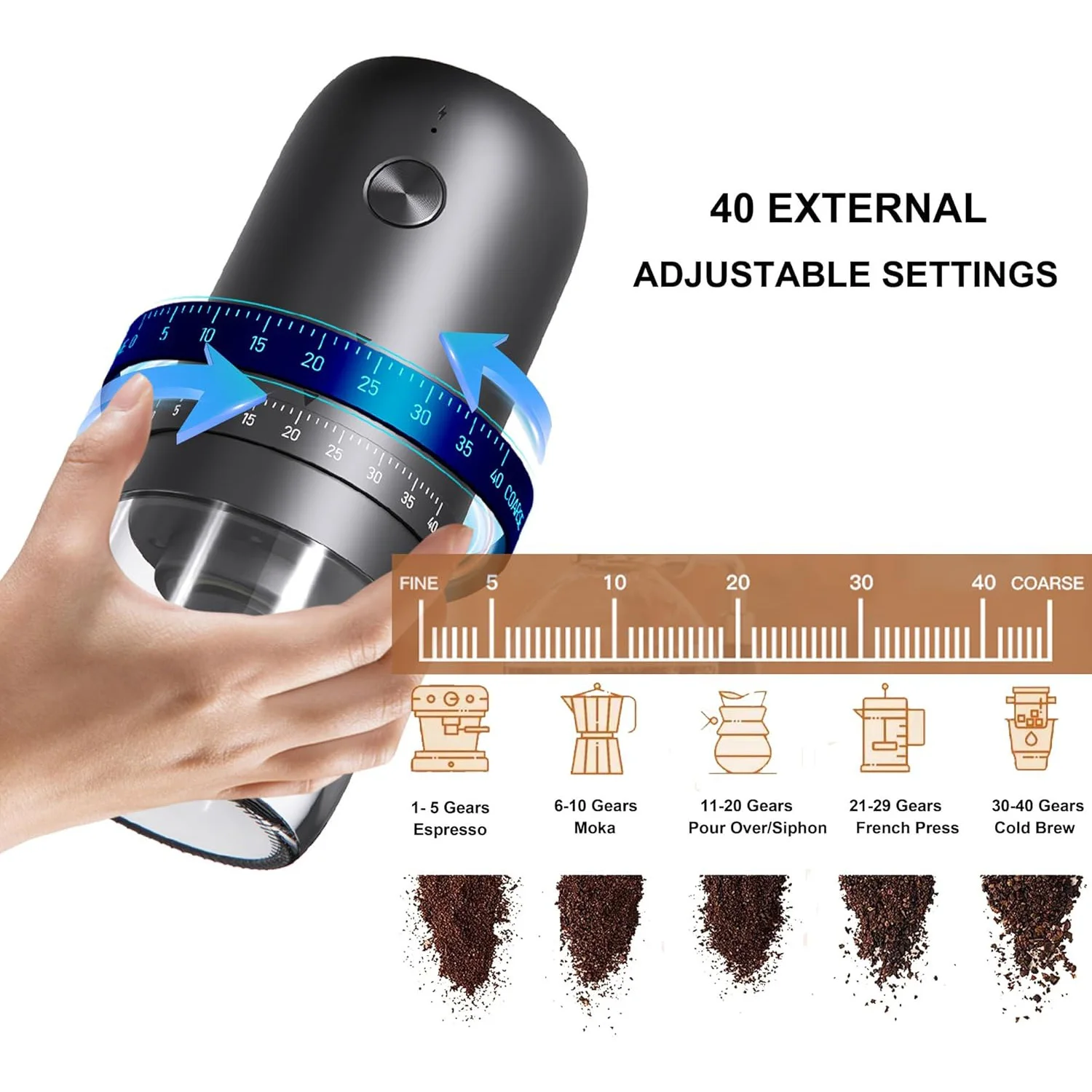 New Portable USB Electric Coffee Bean Grinder 40 Gears External Adjustable Rechargeable Grinders Household Mini Coffee Machine