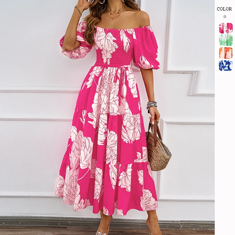 

2025 Summer New Elegant Printed One-Shoulder Puff Sleeve Fashion European and American Large Swing Dress