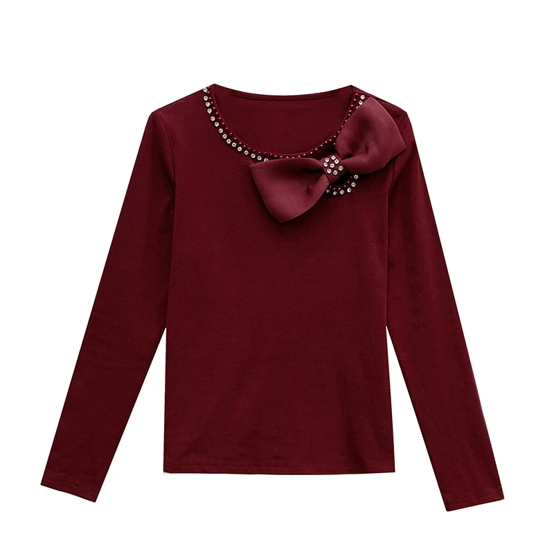 

2025,New,European,Clothes,Cotton,T-shirt,Fahion,Sexy,O-Neck,Patchwork,Bowknot,Shiny,Diamonds,Women,Tops,Long Sleeve,Tees,52002