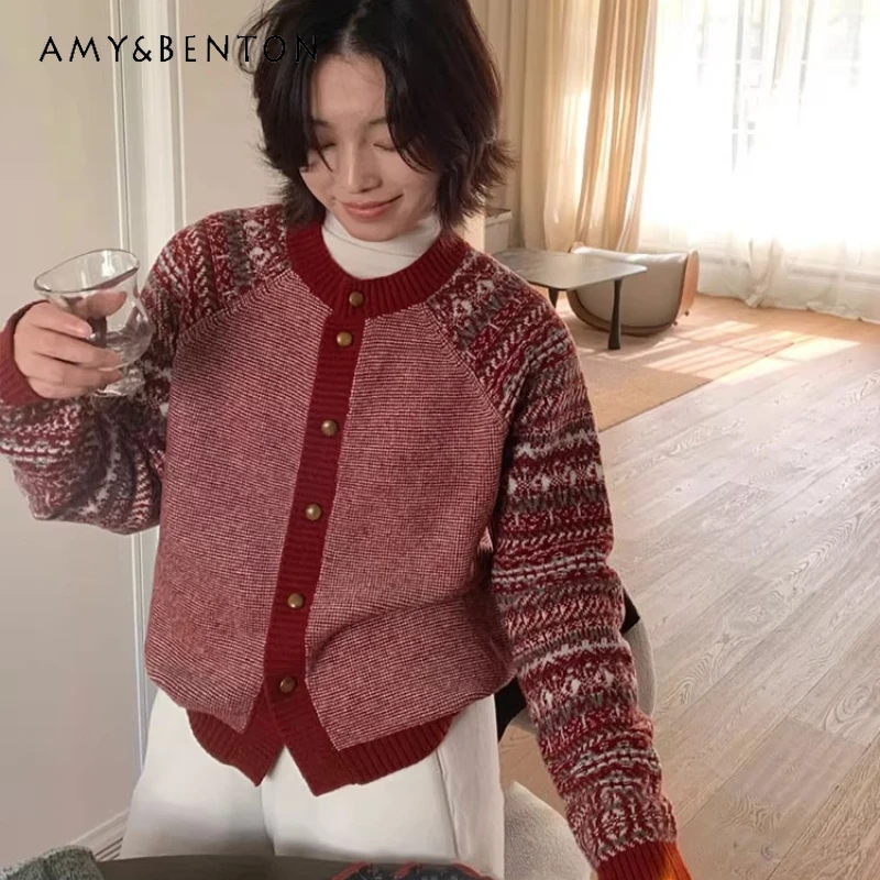

Vintage Red Jacquard Knitted Women's Cardigan Sweater Autumn Winter New Christmas New Year Sweet Cute Versatile Top Coats Ladies