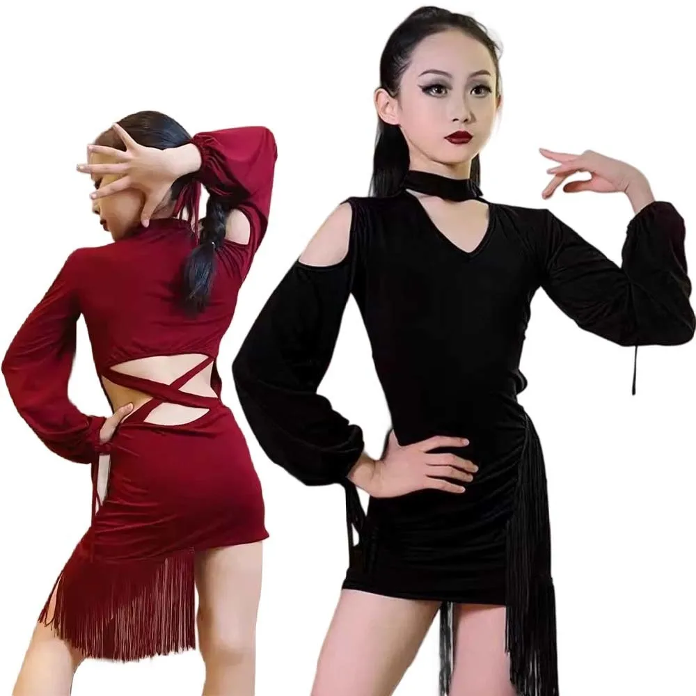 

ballroom latin girls american Long Sleeve Fringed Tassel Line rumba cha cha samba tango costume competition practice wear kids