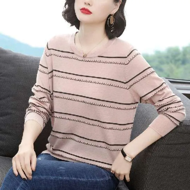 Women Autumn Simplicity Loose Elegant Striped O-neck Long Sleeve Knitwear Ladies Office Lad All-match Appear Thin Knitting Tops