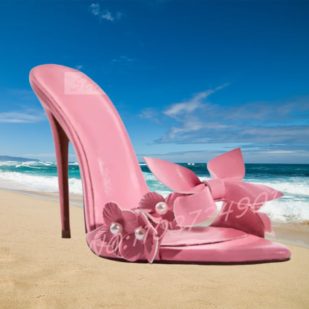

Pink Flower Pearl Open Toe Slippers Women Sexy Pointed Toe White Leather High Heels Shoes Female Wedding Party Outside Slippers