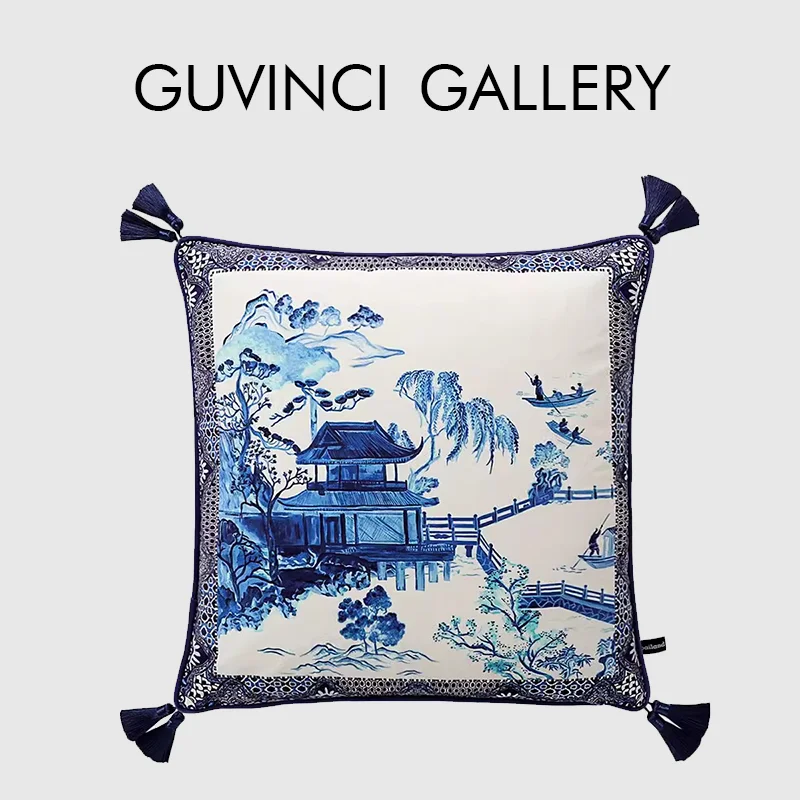 GUVINCI Oriental Style Chinese Blue Pavilion Decorative Pillow Case Ancient River Boat Serene Cushion Case For Living Room Sofa