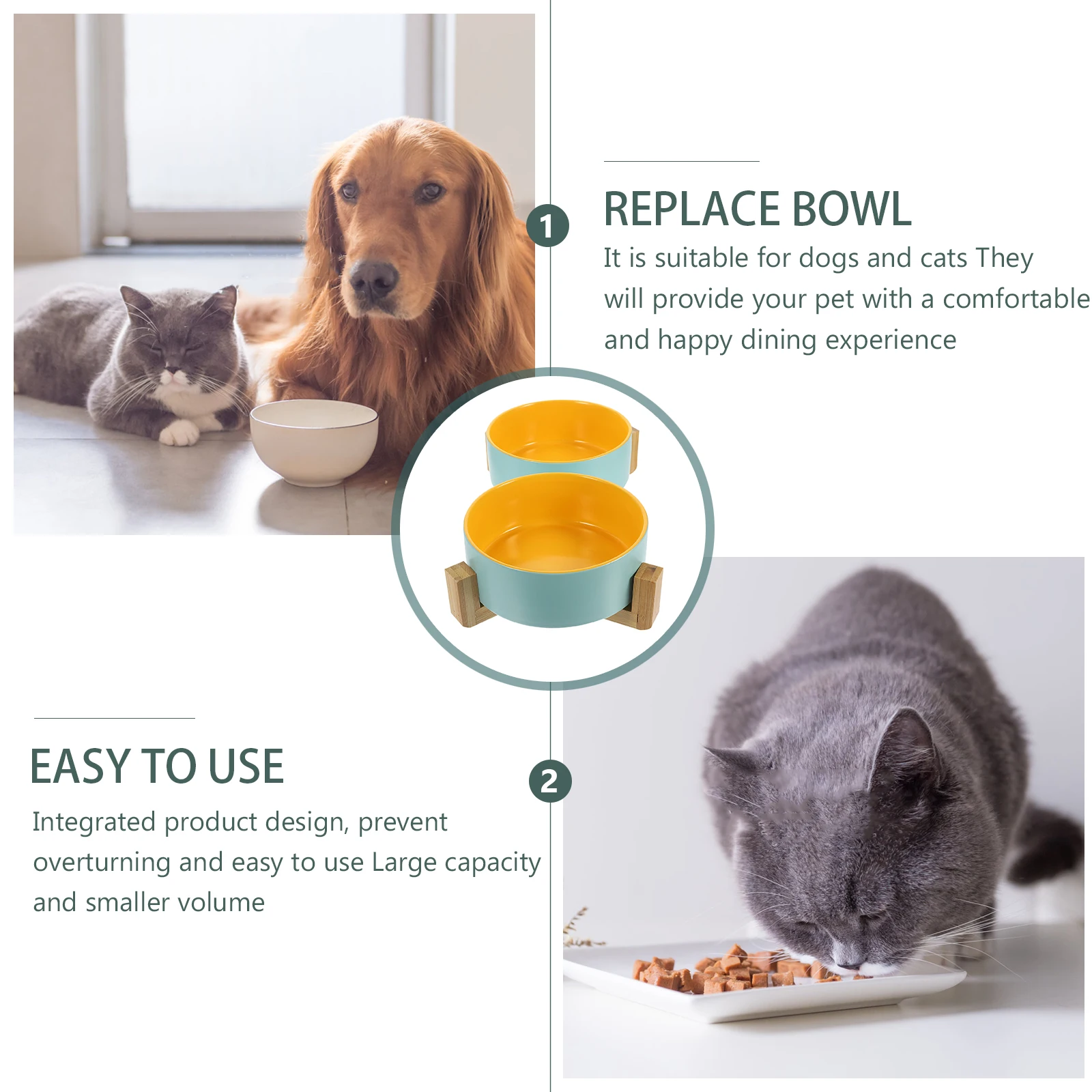 

1Set Ceramic Pet Bowl Durable Cat Feeding Bowl Smooth Rounded Edge Elevated Food Water Dish with Wood Stand Kitten Supply