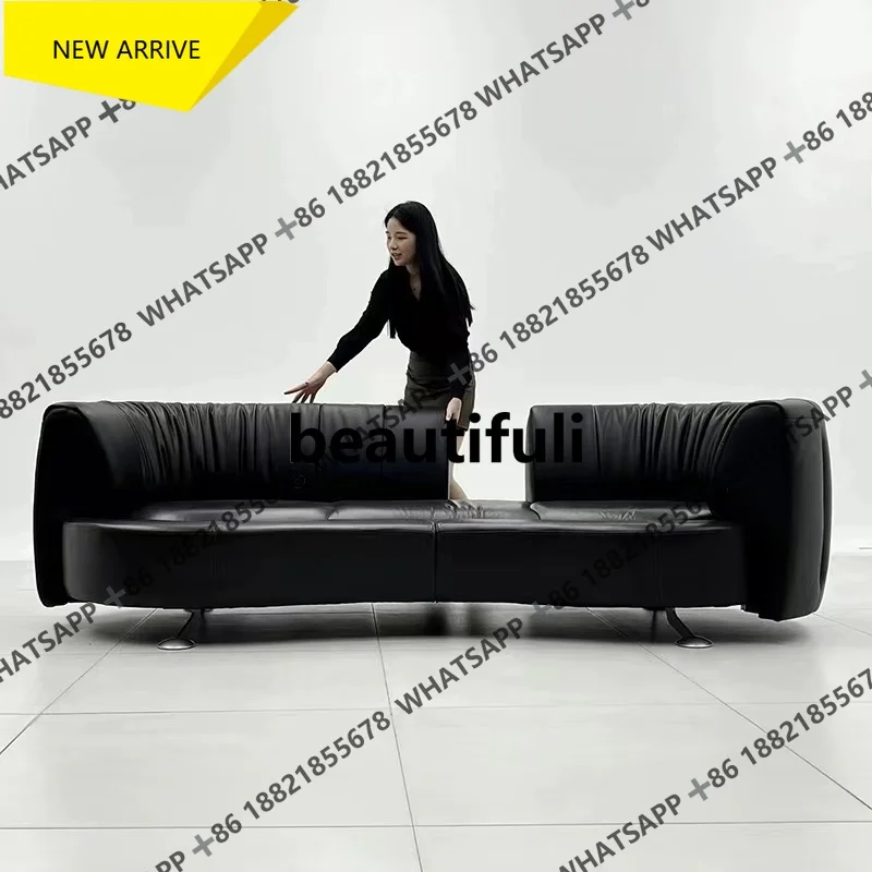 

M138 Sliding Rail Sofa with Rotating Backrest, Curved Push-Pull Design, Small Apartment Black Leather Sofa for Three or Four Peo