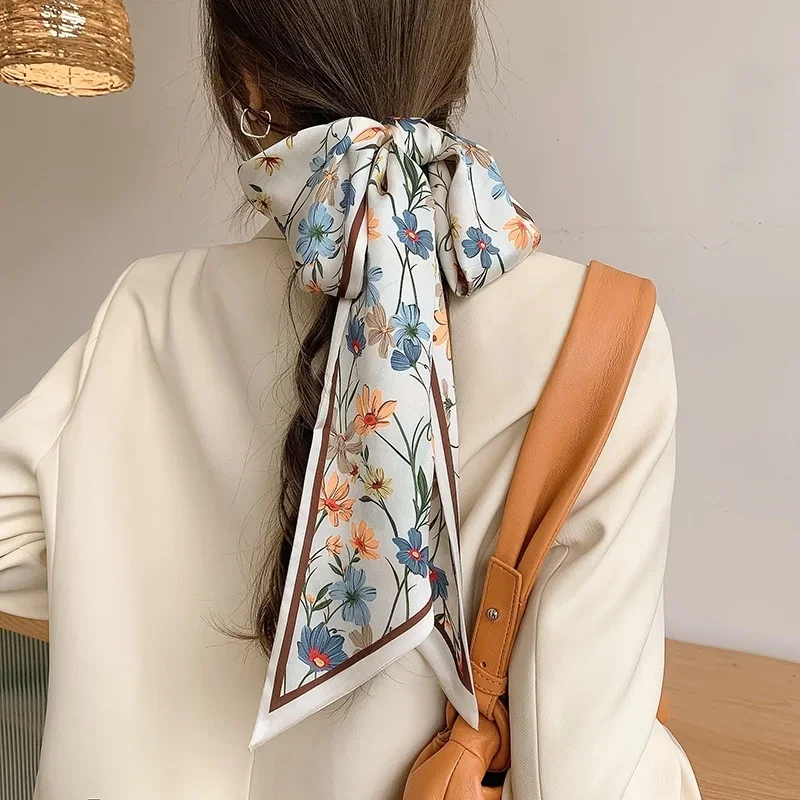 Fashion Floral Print Silk Skinny Scarf Women Thin Neck Long Scarves Narrow Office Lady Shawl Bandanas Female Hairbands