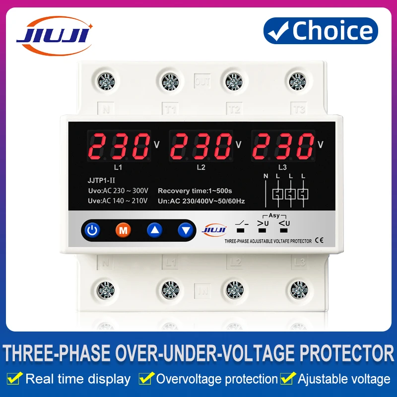 Over and Under Voltage Protector Three Phase Adjustable 3 Phase Automatic Recovery Protective Device Reset 63A AC220 380V
