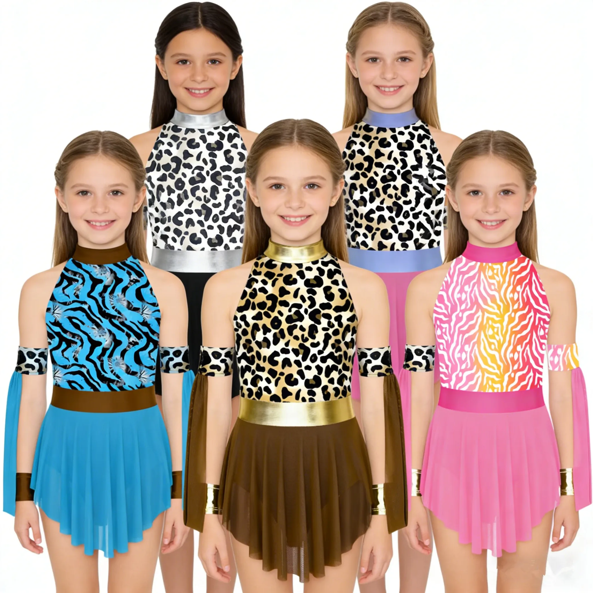 Girls Caveman Primitive Tribe Native America Cosplay Costume Leopard Print Mesh Leotard Dress with Sleeves for Halloween Party