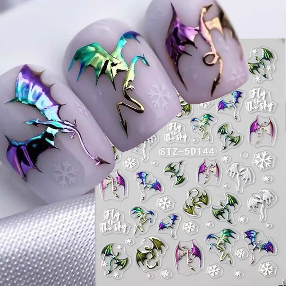 1/2 Stück 5D geprägte metallische bunte Drachen-Nagelaufkleber Schneeflocken selbstklebende DIY-Nagelaufkleber Sliders Maniküre-Dekorationen – Detail 3