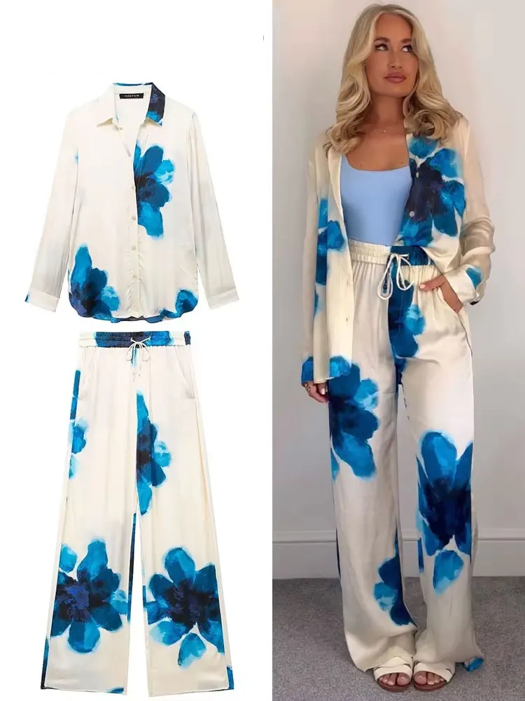 Woman Print Trouser Set Long Sleeves Lapel Shirt Top + Elastic Waist Lace Up Casual Women\'s Wide Leg Long Pant Streetwear
