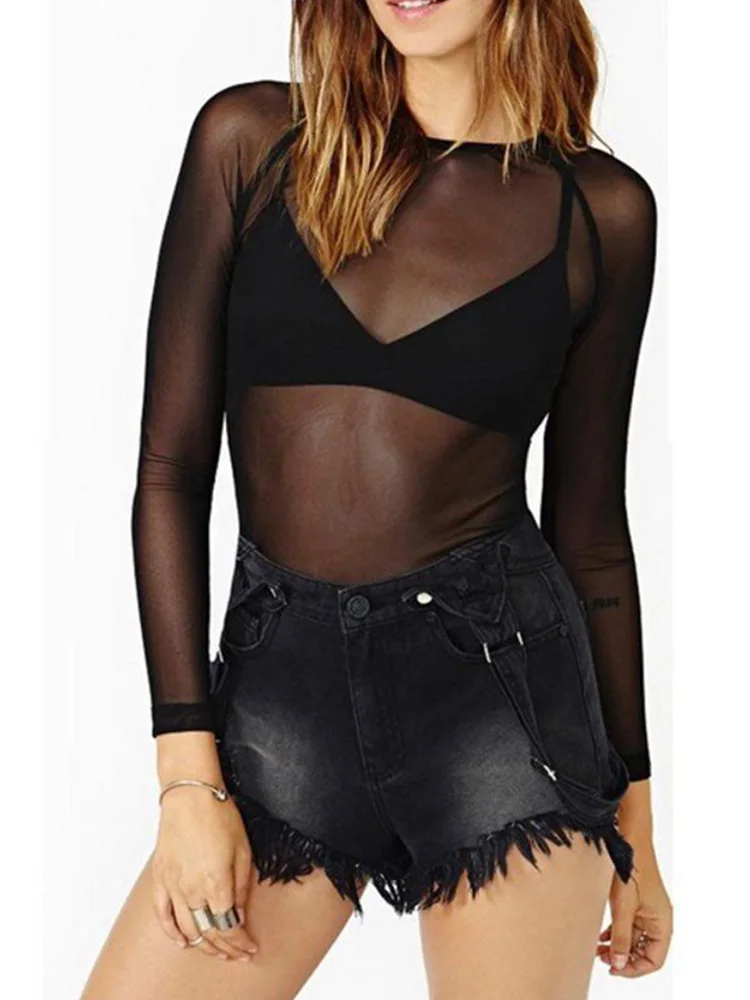 Hot New 2024 Spring Summer Womens Long Sleeve Sexy Black Mesh Top T Shirts Transparent Punk Club Streetwear Tees Beach Tops