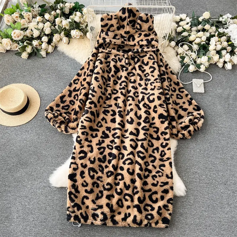 Lazy Style Plush Pajamas For Women's Home Wear Winter Thickened Loose Fitting Hooded Leopard Print Dress Warm Robe Z4674