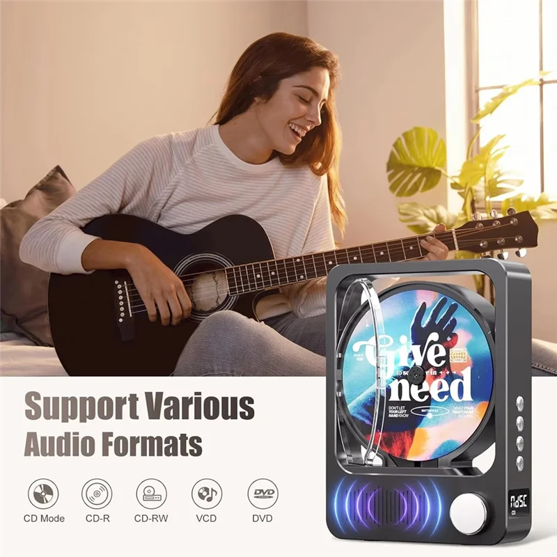 FFYY-Tragbarer Bluetooth-CD-Player mit Fernbedienung und LED-Anzeige, Hifi-Stereo-Sound für Zuhause