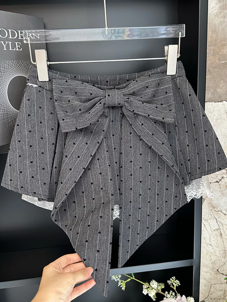 Elegant French Dots Striped Bow Mini Skirts Office Lady Causal Lace Design 2000s Outwear Skirts Korean Fashion 2024 Summer Chic