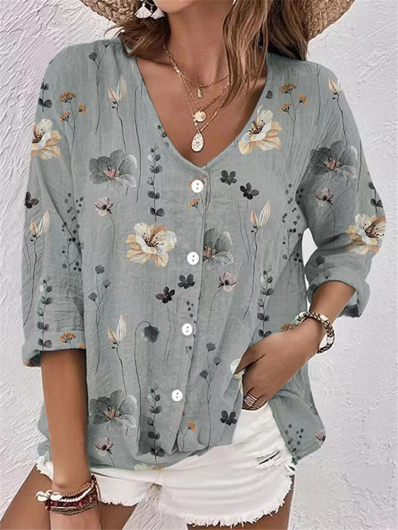 

Women's Elegant Long Sleeve V-Neck T-Shirt Autumn Botanical Print Button through Daily Fashion Top