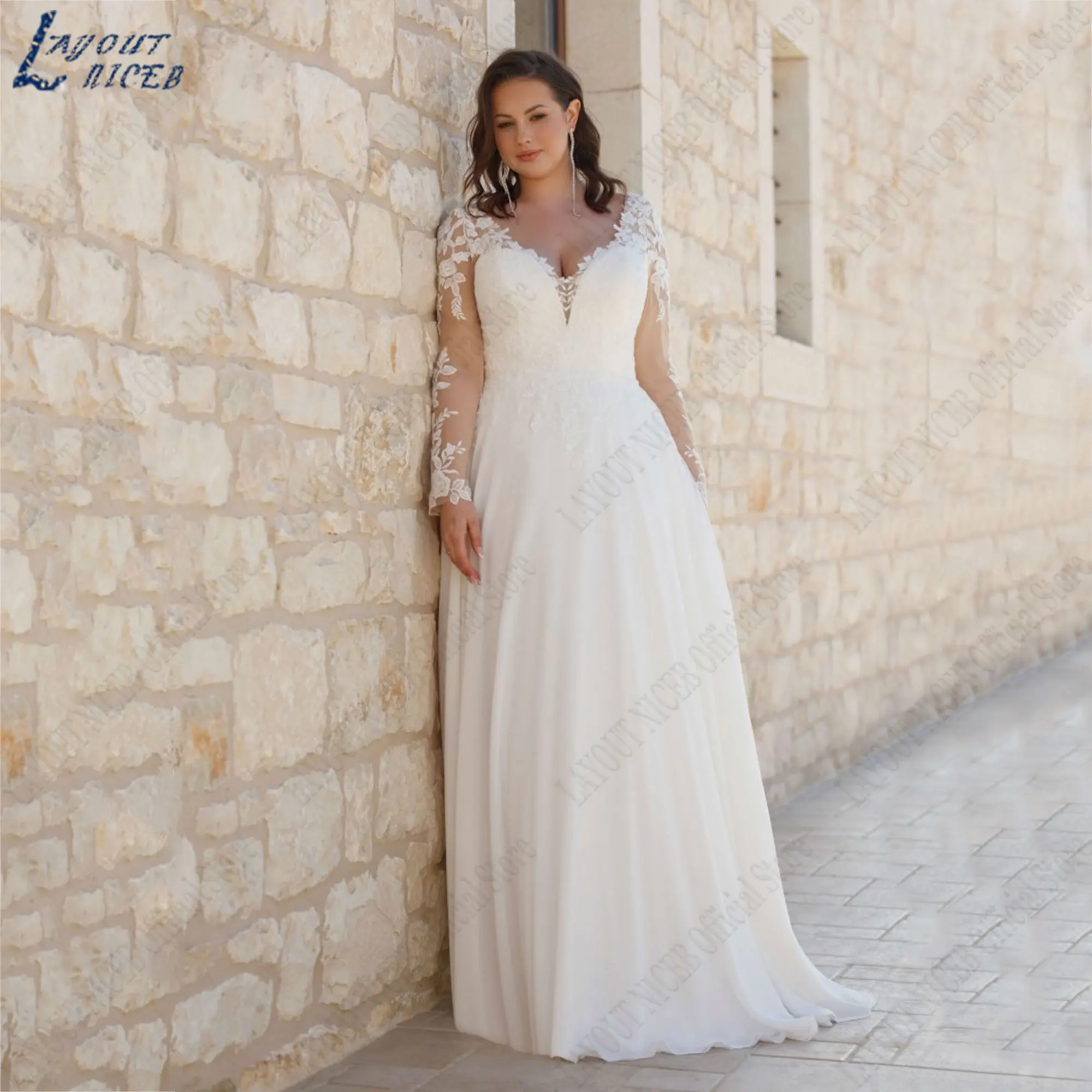 

LAYOUT NICEB Large Size Appliques Wedding Dresses Boho Chiffon A-Line Bride Gowns V-Neck Long Sleeves Backless Vestidos De Novia