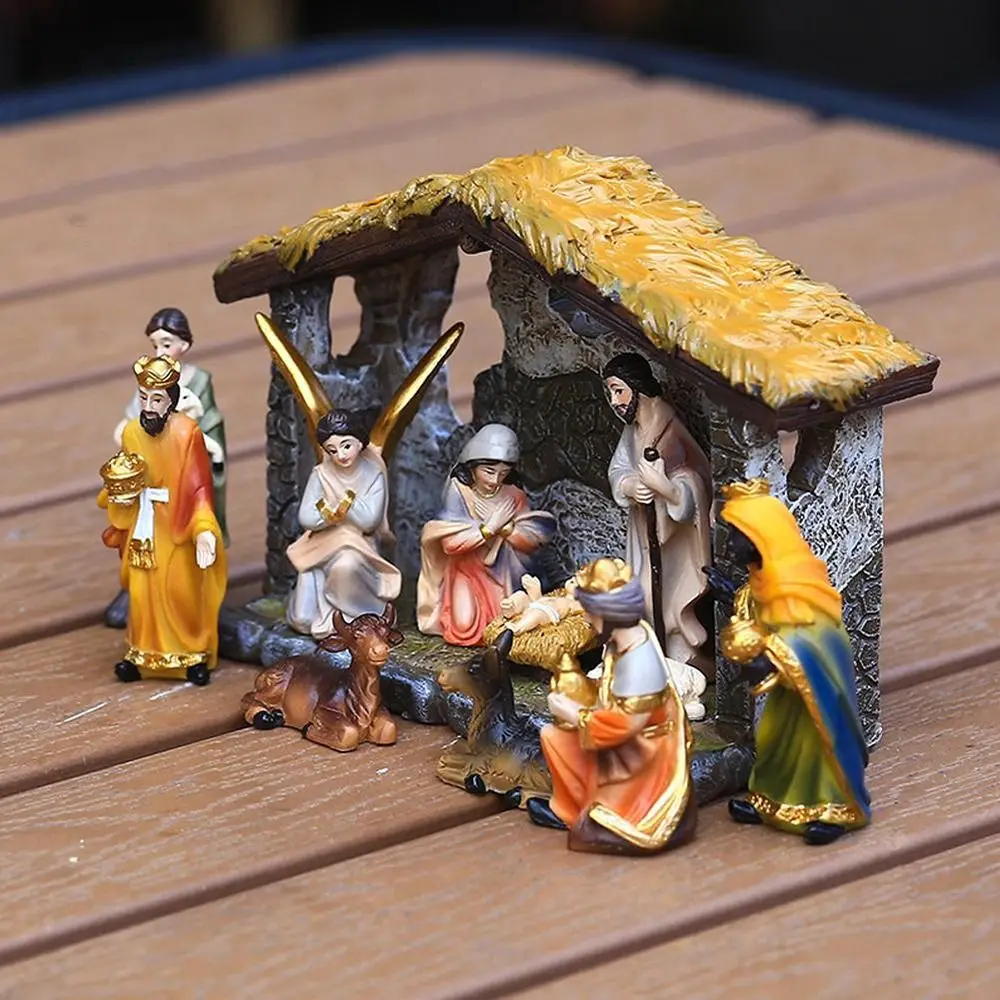 12pcs Resin Christmas Manger Set Nativity Scene Holy Family Crafts Jesus Crafts Statue Statue Decor Christmas Ornament