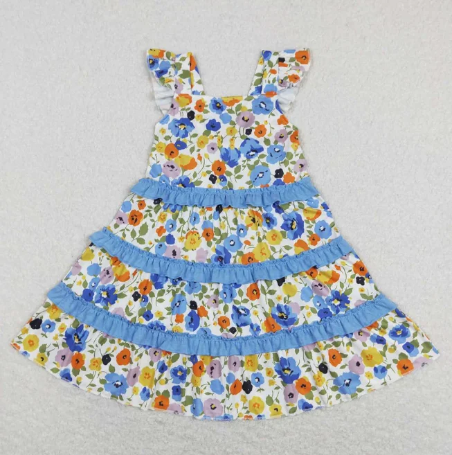 

Kids Girls Summer Clothes Sets Sleeveless Blue Flower Print Ruffle Outfit Romper Dress Little Sisters Matching Sets