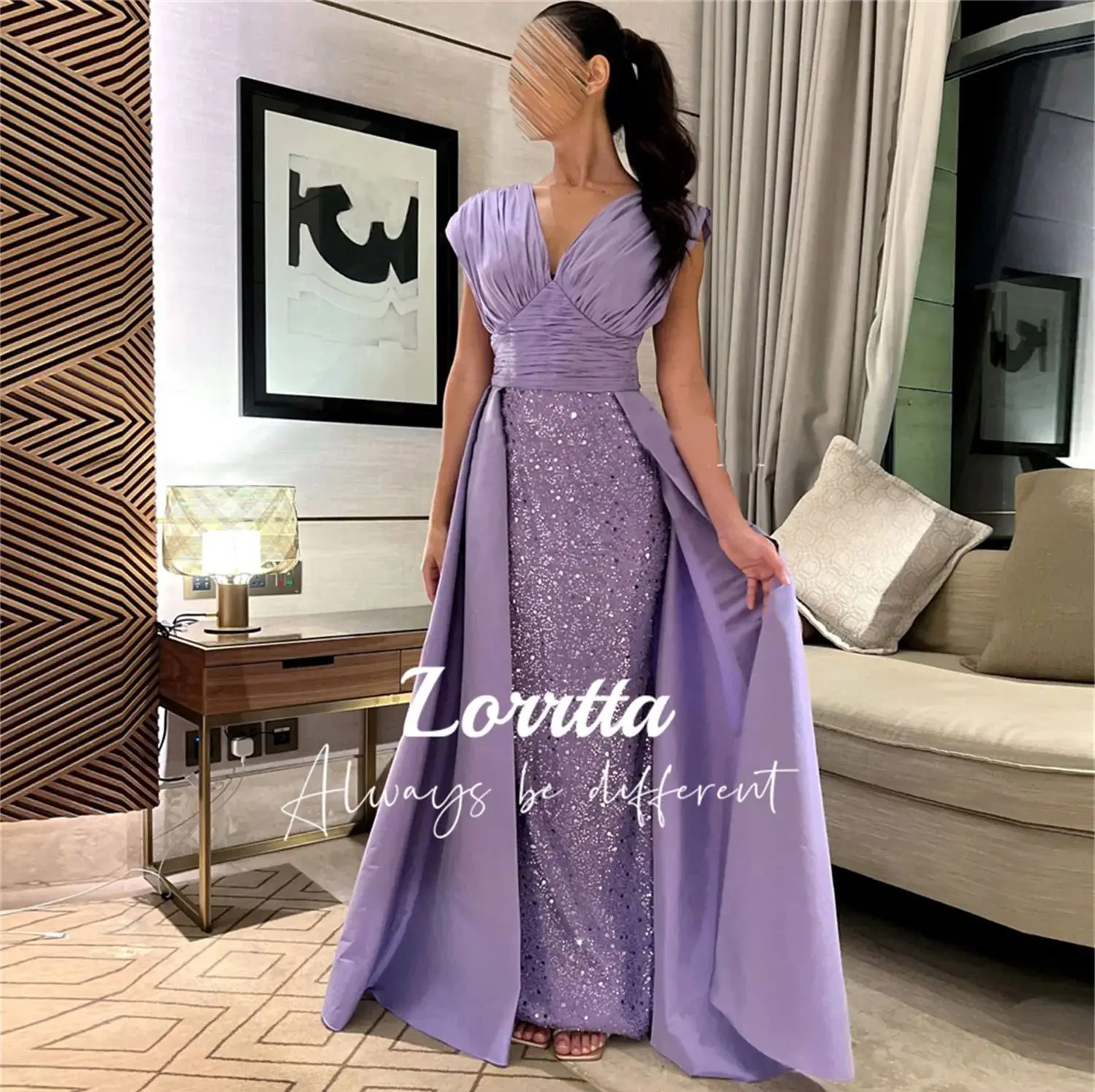 Lorrtta V-neck Lilac Fishtail Satin Sequin Ball Gown Floor-length Arabian Women\'s Evening Dress for Prom Elegant Party Dresses