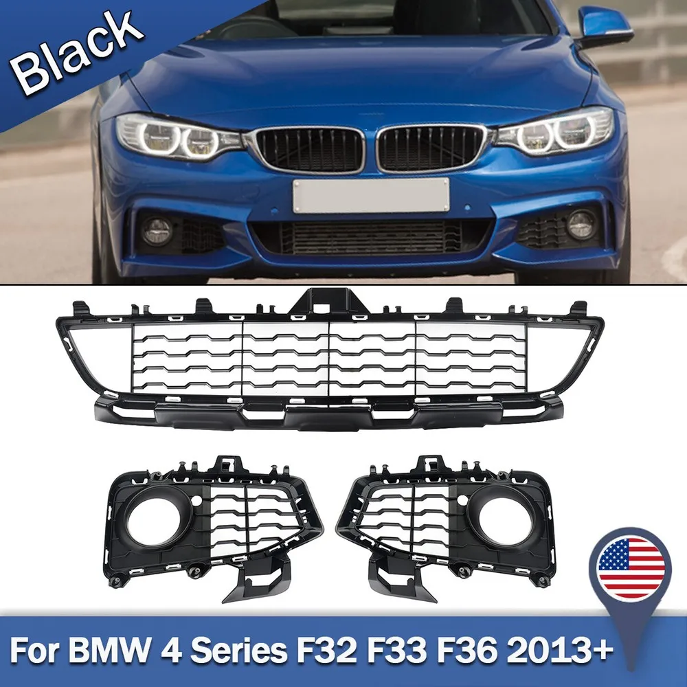 

3pcs Front Low Grille Fog Lamp Case For BMW F32 F33 F36 4 Series 420i 430i 440i M Sport Front Bumper Fog Light Race Grille Black