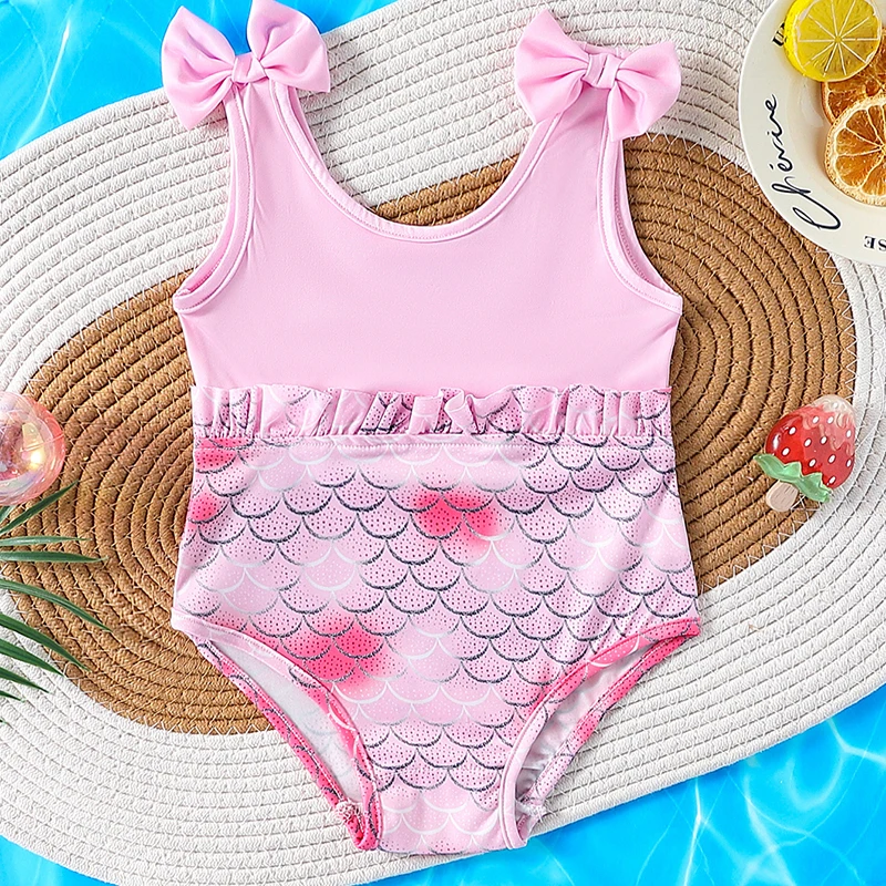 

Цельный купальник Shiku Aqua Fit для девочек с отделкой бантом, розовый купальник с принтом рыбьей чешуи, размер 90-120
