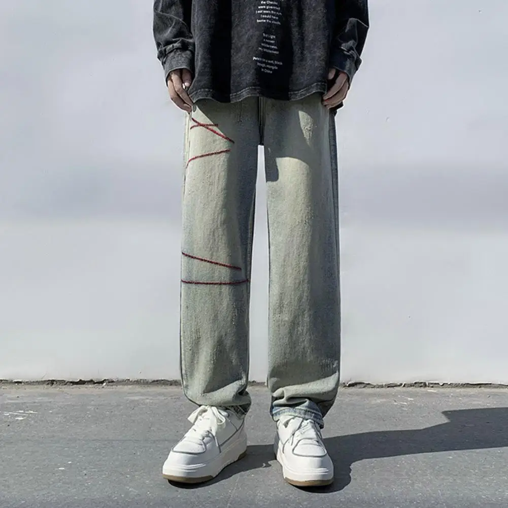 Men Jeans WIde Leg Loose Straight Deep Crotch Ripped Striped Pockets Hip Hop Solid Color Streetwear Soft Denim Long Pants