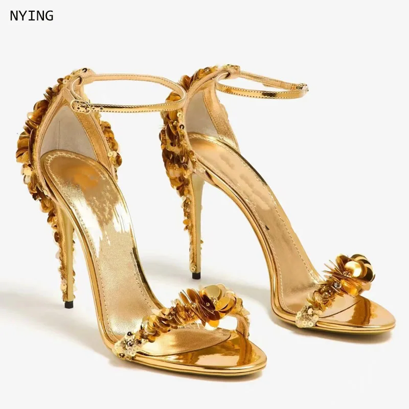 Women Gold Metallic Sequin Floral Open Toe Ankle Strap Stiletto Heel Sandals, Sequins Embellished High Heels for Wedding