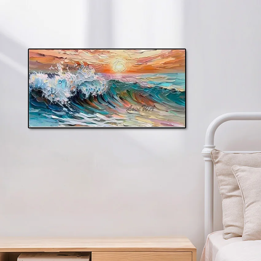 

Льняной холст с текстурой, безрамные, произведения искусства ручной работы, восход солнца, абстрактная картина, стена, современные картины маслом с морской волной