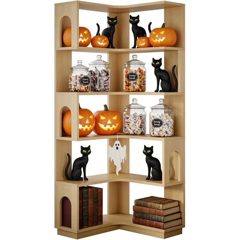 

6-уровневая угловая книжная полка, высокий L-образный книжный шкаф, деревянные угловые книжные полки 68,5 дюймов с арочным дизайном, отдельно стоящий вместительный ди