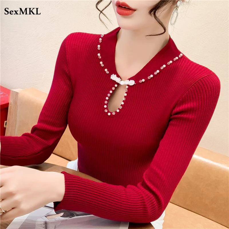 

Autumn Winter Red Sweaters Women Pullovers Casual Beading Long Sleeve Sueter Mujer Slim Korean Fashion Y2k Clothes Ladies Tops