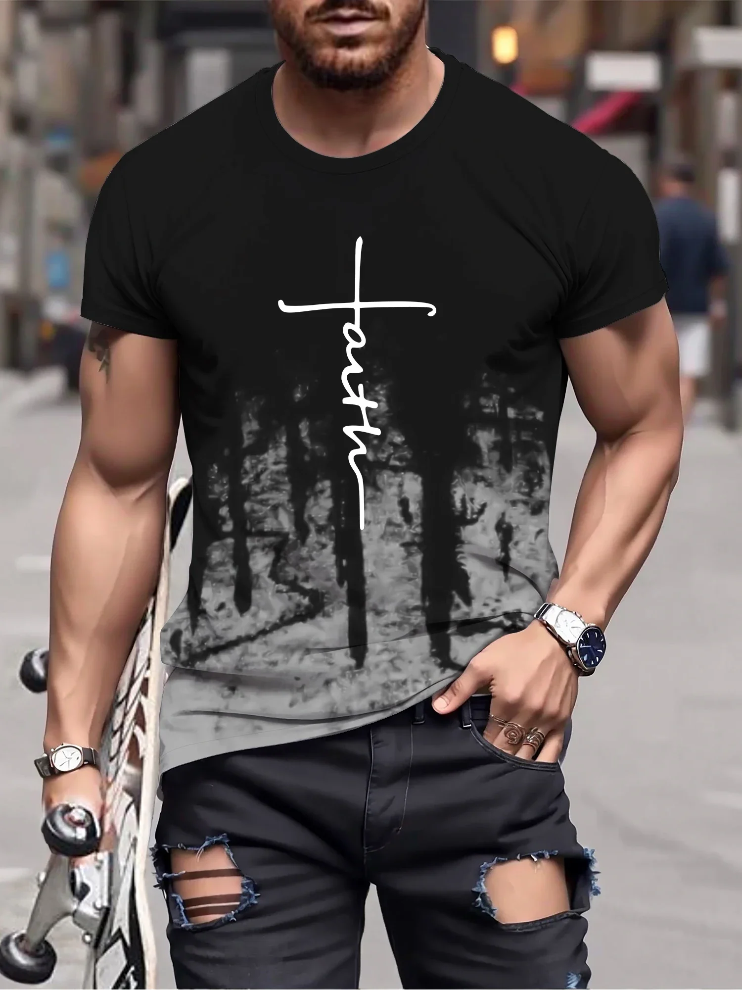 

Men's Gradient Color And Alphabet Print FAITH T-shirt With Crew Neck Short Sleeve Casual Trendy Tops Suitable For Summer