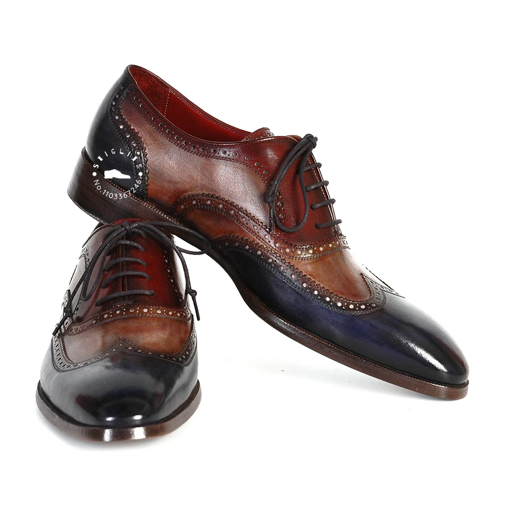 Retro Style Hand Painted Oxfords Three Tone Wingtip Brogues Genuine Leather Lace Up Shoes for Men Elegant Casual Business Shoes